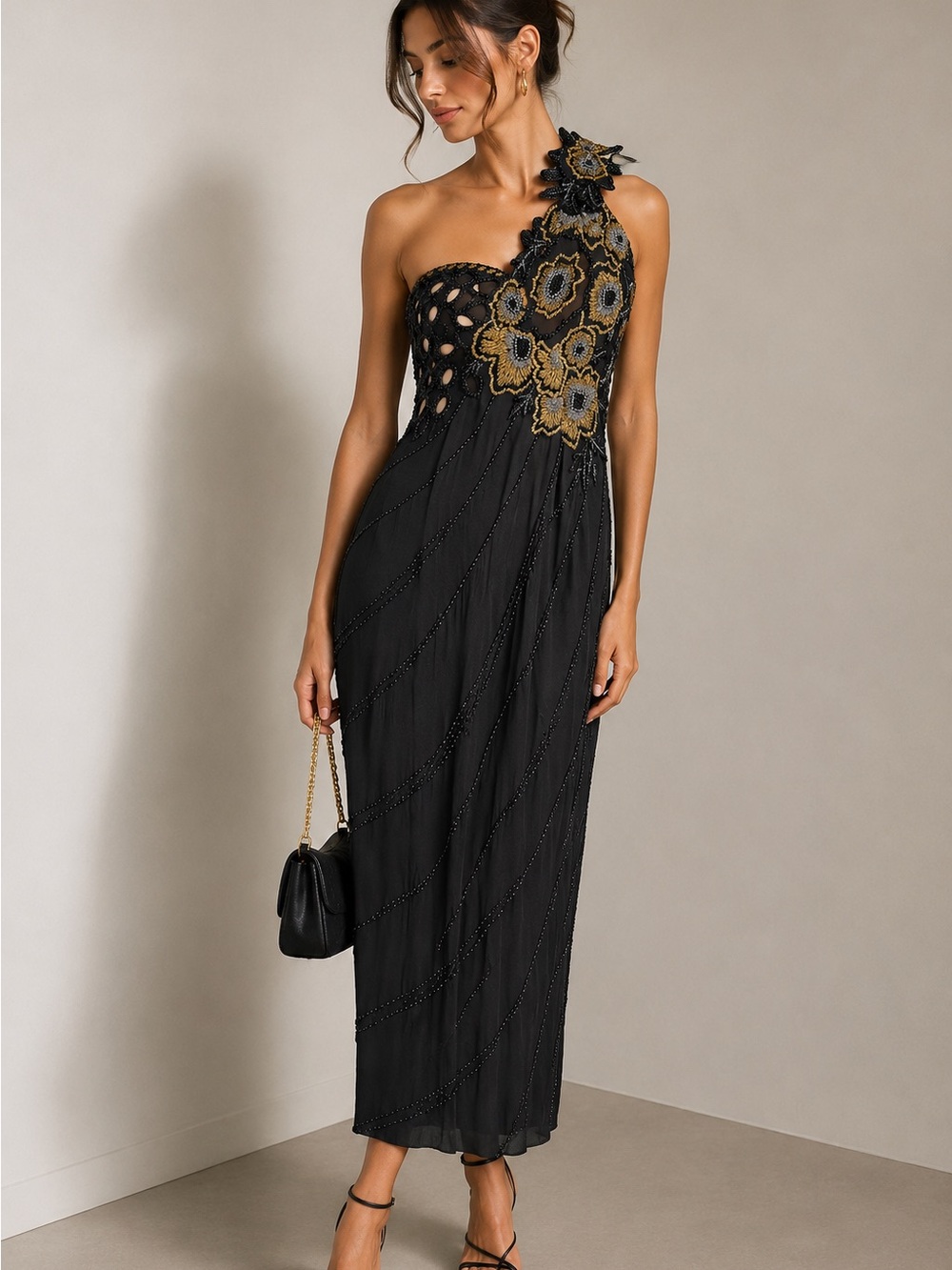 Vintage Shomax Originals 100% Silk One-Shoulder Beaded Evening Gown L